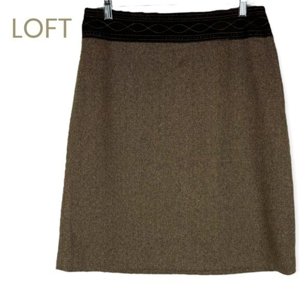 LOFT Brown Tan Wool Silk Blend Tweed Skirt Size 12
